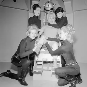 Carry On Spying Film 1964 Filming at Pinewood Studios Barbara Windsor manacled to