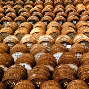 Empty casks used in the production of whisky awaiting filling at the Distillery