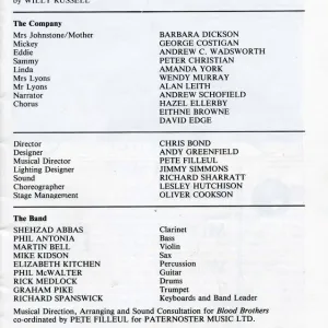 Print of The cast list for Blood Brothers at the Liverpool Playhouse, 1983 Print of The cast list for Blood Brothers at the Liverpool Playhouse, 1983