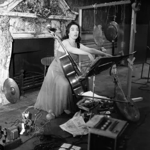 Cellist Charlotte Moorman rehearsing at 18 Carlton House Terrace for her particular sound