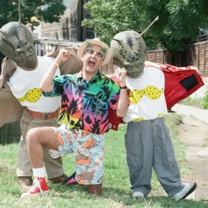 Chart topper Timmy Mallett with two martians sporting itsy bitsy bikinis