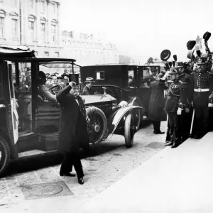 Cheering crowds greet French Premier Georges Clemenceau as he arrives at the Palace of Cheering crowds greet French Premier Georges Clemenceau as he arrives at the Palace of
