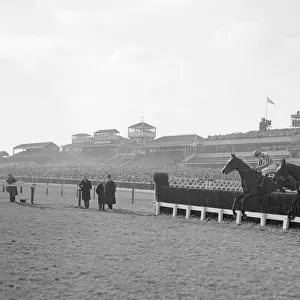 Cheltenham Gold Cup 1956. No. 12 Four Ten ridden by Tommy Cusack (left) takes a jump
