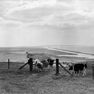 Chesil beach and Portland on the horizon, Dorset. Circa 1940