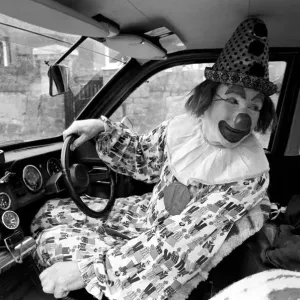 Child Entertainer: Mr. Blower the clown seen here in his car. March 1981 PM 81-01186-004 Child Entertainer: Mr. Blower the clown seen here in his car. March 1981 PM 81-01186-004