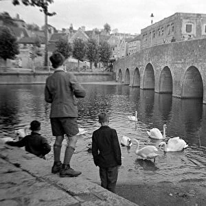 Children feeding swans at Bradford on Avon October 1943