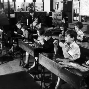 Children Learning to Knit Print circa 1946 Children Learning to Knit Print circa 1946