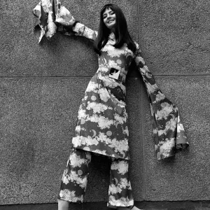 Christine Brooke in Simon Massey element print trouser outfit with outsize sleeves Christine Brooke in Simon Massey element print trouser outfit with outsize sleeves