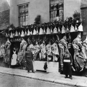 Print of Cambridge Butcher's Christmas Beef circa 1900