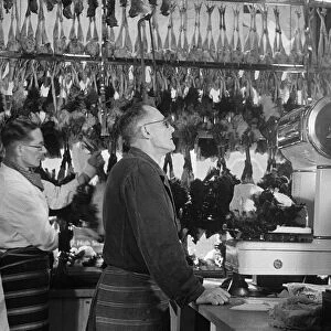 Christmas turkeys on display at F. Range High Class Butchers shop at 37 Wanstead High