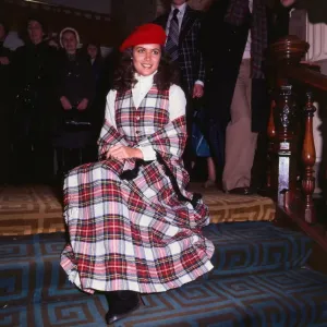 Cindy Breakspeare Miss World 1977 wearing tartan outfit dress sitting on stairs Cindy Breakspeare Miss World 1977 wearing tartan outfit dress sitting on stairs