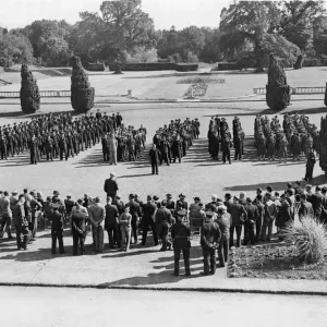 A black and white photograph print of a ceremony in Cardiff, South Wales