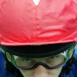 Close up of jockey John McAuley on Serious Hurry Close up on face Close up of jockey John McAuley on Serious Hurry Close up on face