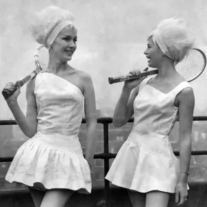 Clothing-Fashion: Sportswear: Left, Jacqueline Perrin wearing the bare shoulder look