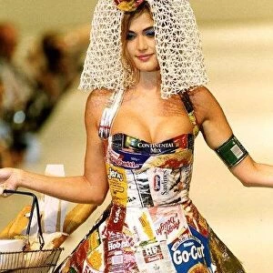 Clothing model dressed in food wrappers at the London Fashion Show circa 1995