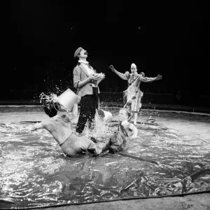 Clowns at a Bertram Mills Circus performance. 19th December 1958