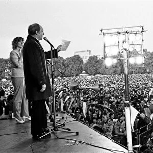 CND Peace March in Hyde Park in London October 1983. Neil Kinnock on stage making