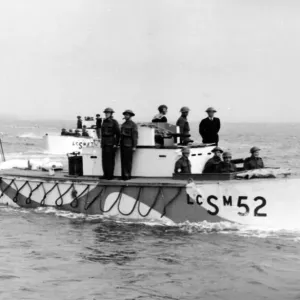 Combined operations exercises. Close up of support craft used for making smoke screen for