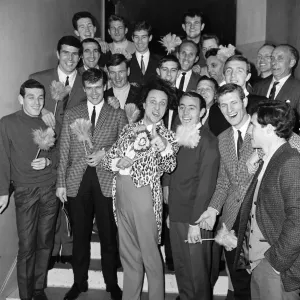 Comedian Ken Dodd is pictured with Liverpool footballers. 30th April 1965 Comedian Ken Dodd is pictured with Liverpool footballers. 30th April 1965