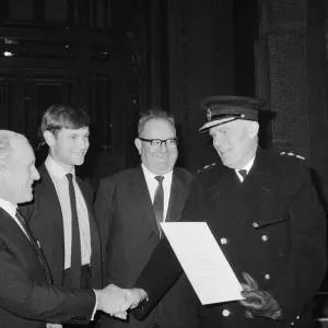 Print of a photograph featuring Sir John Waldron receiving a certificate Print of a photograph featuring Sir John Waldron receiving a certificate
