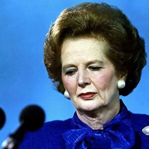 Conservative Party leader and Prime Minister Margaret Thatcher speaking at a conference