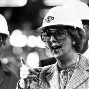 Conservative Prime Minister Margaret Thatcher, wearing a hard hat and protective glasses Conservative Prime Minister Margaret Thatcher, wearing a hard hat and protective glasses