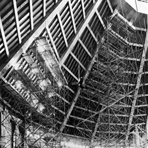 Construction of Liverpool Metropolitan Cathedral, two of the giant scaffolding towers