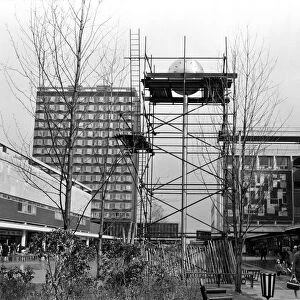 The construction of the town centre clock in Basildon, Essex. 12th March 1966