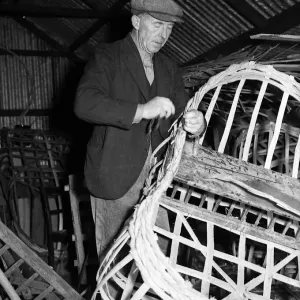 Coracle Fisherman constructing a new boat - 1952