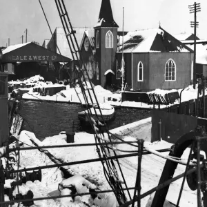 A corner of the Cardiff docks showing the Norwegian church covered in snow after a heavy A corner of the Cardiff docks showing the Norwegian church covered in snow after a heavy