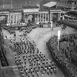 Coronation of King George VI. Aerial view of the procession in progress marching