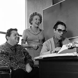 Coronation Street scriptwriters Harry Driver and Vince Powell with Doris Speed who