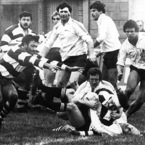Coventry v Bath 23 November 1981. Bath show the excellence of their back row defence when Coventry v Bath 23 November 1981. Bath show the excellence of their back row defence when