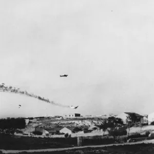 Print of a German troop-carrier in flames over Heraklion aerodrome