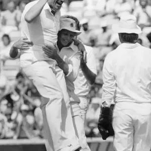 Cricketer Ian Botham celebrates with David Gower 1984 after taking his 300th Test Wicket Cricketer Ian Botham celebrates with David Gower 1984 after taking his 300th Test Wicket