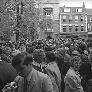 The crowd of people waiting to see Prince Charles arrive at Trinity College 8 / 10 / 67