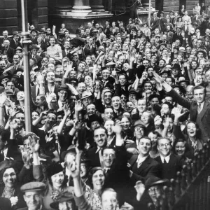 Crowds cheering Ministers at Downing Street. 29th August 1939 Crowds cheering Ministers at Downing Street. 29th August 1939
