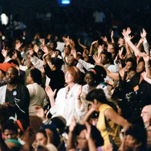 Crowds listening to Maurice Cerullo, an American pentecostal televangelist during his Crowds listening to Maurice Cerullo, an American pentecostal televangelist during his