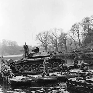 Crusader tank being ferried across river during demonstration of wet