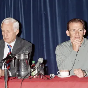 Crystal Palace football manager Steve Coppell sits beside his chairman Ron Noades at a Crystal Palace football manager Steve Coppell sits beside his chairman Ron Noades at a