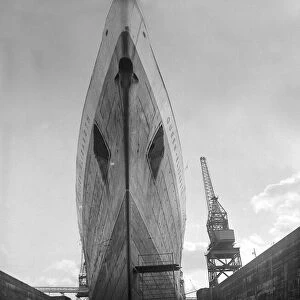 The Cunard Liner Queen Elizabeth in dry dock in Southampton for her yearly overhaul