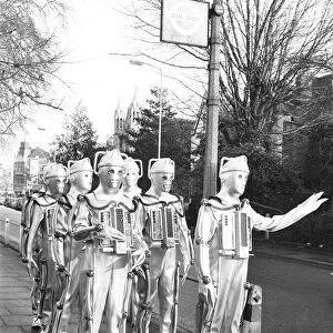 Cybermen take a break from filming at the BBC Ealing studios for Dr Who story call "
