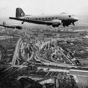 Dakota aircraft of Transport Command RAF flying over the Danish capital city of