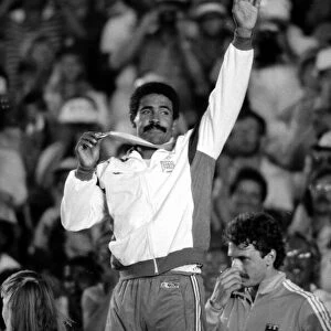 Daley Thompson on the podium with his gold medal at the 1984 Olympics in Los Angeles