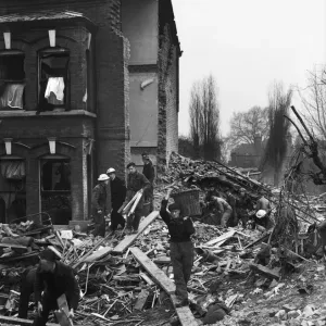 Damage to housing in Fulham, London, following an air raid on the city Damage to housing in Fulham, London, following an air raid on the city