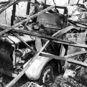 A damaged Albion motor car in South Wales following an attack by Nazi raiders. Circa 1941 A damaged Albion motor car in South Wales following an attack by Nazi raiders. Circa 1941