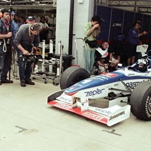 Damon Hill of Arrows-Yamaha, leaving garage, 1997 British Grand Prix
