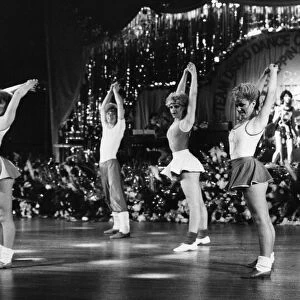 Dancers in action on stage during the 1982 Team Disco Championships held in Cambridge