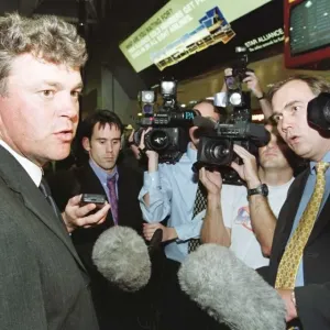 Darren Clarke talks to the press at Heathrow Sept 1999 after the Ryder Cup defeat