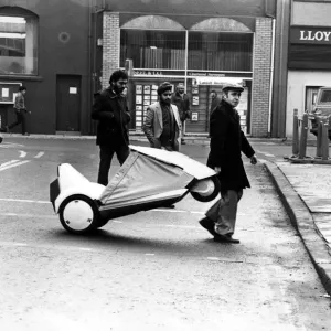 David out and about on his Sinclair C5 in Cardiff. Crossing the road is no problem